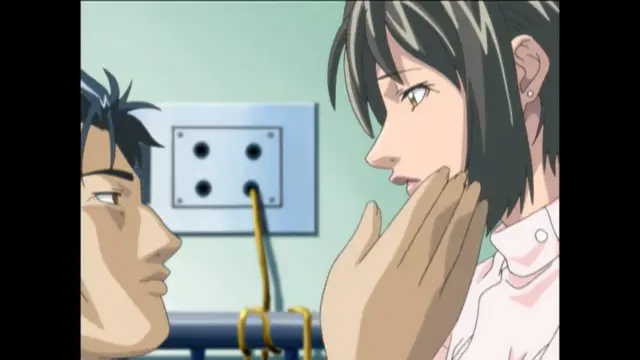 A close-up shot shows a man looking at a woman who has her hand over her mouth in a surprised expression as they stand in front of a wall outlet. Screenshot from Bible Black New Testament - Episode 3