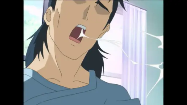 A close-up of a man with dark hair and closed eyes with a saliva string coming from his open mouth while he wears a blue robe. Screenshot from Bible Black New Testament - Episode 3