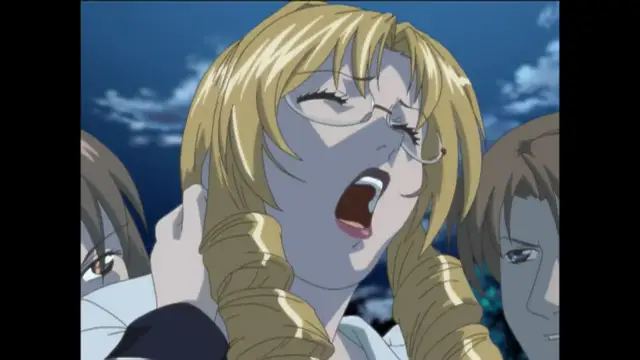 A blonde woman wearing glasses has a shocked expression with her mouth wide open as she is being held by two men on either side of her. Screenshot from Bible Black New Testament - Episode 3