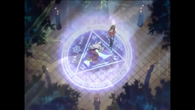 A girl lies on her back inside a magical glowing circle as a man stands over her, with the subtitle "Your soul is mine" appearing at the bottom of the frame. Screenshot from Bible Black New Testament - Episode 3
