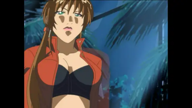 A woman with long brown hair and a surprised expression wears a black bikini top and an open red jacket while standing in a tropical setting with palm trees in the background. Screenshot from Bible Black New Testament - Episode 3