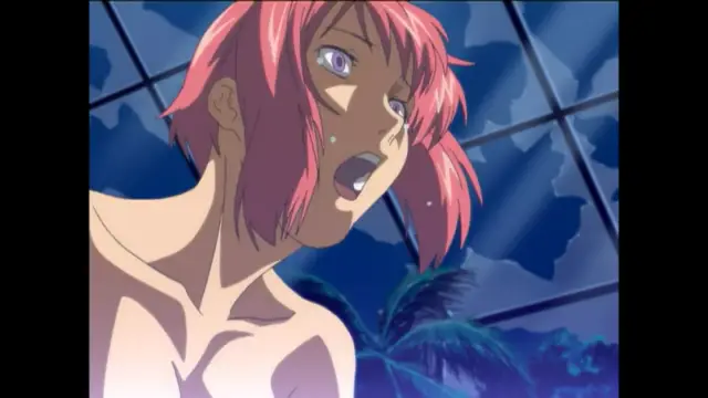 A close-up shot shows a light-skinned woman with pink hair and wide eyes, sweating as she looks up in shock while positioned in front of a window overlooking a tropical beach. Screenshot from Bible Black New Testament - Episode 3