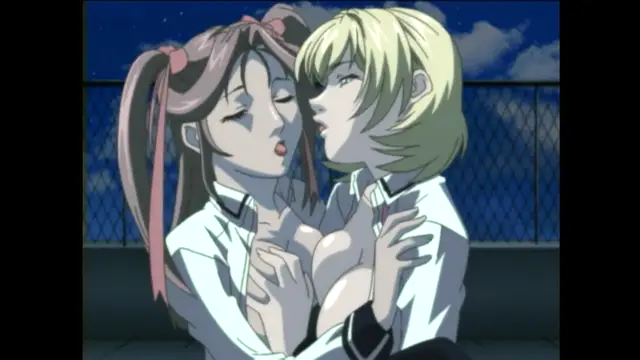 A blonde girl and a brown-haired girl in school uniforms stand close together on a rooftop at night, with the blonde girl pressing her lips against the other girl's face while they both hold each other's breasts. Screenshot from Bible Black New Testament - Episode 4