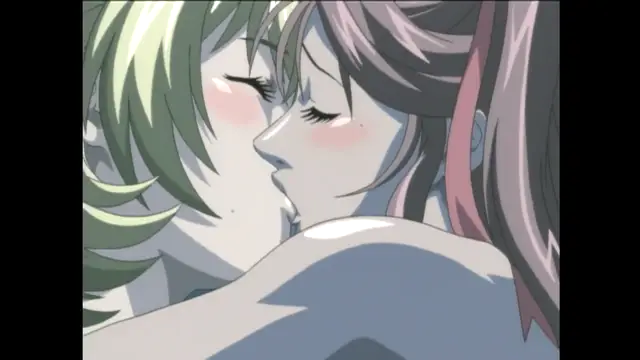 An anime-style girl with green hair and a girl with pink hair are shown in a close-up, blushing and about to kiss. Screenshot from Bible Black New Testament - Episode 4
