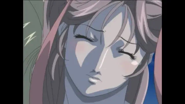 A close-up anime shot of a woman with long light brown hair and closed eyes, blushing slightly and appearing to be in a state of pleasure. Screenshot from Bible Black New Testament - Episode 4