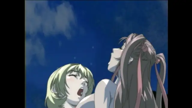 Two anime girls with long hair are seen in a close-up shot against a starry night sky, with the girl on the left having a shocked expression and her mouth open. Screenshot from Bible Black New Testament - Episode 4
