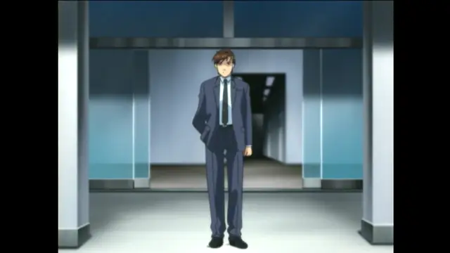 A young man in a dark blue suit and a light blue tie stands alone in the center of a brightly lit modern office hallway. Screenshot from Bible Black New Testament - Episode 4