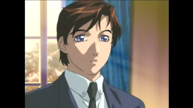 A young man with brown hair and blue eyes, wearing a suit and tie, looks forward with a surprised expression in this anime scene. Screenshot from Bible Black New Testament - Episode 4