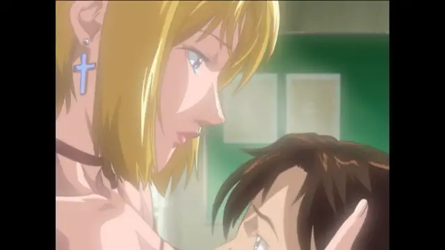 A blonde woman wearing a cross earring and a choker leans down to look into the face of a kneeling man with elf ears. Screenshot from Bible Black New Testament - Episode 4