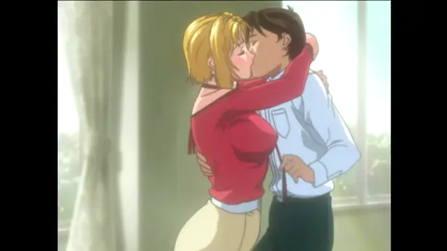 A blonde woman in a red off-the-shoulder top and tan pants embraces and kisses a dark-skinned man in a white shirt and black pants in a brightly lit room. Screenshot from Bible Black New Testament - Episode 4