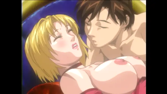 A blonde woman with large breasts lies on a blue sofa while a man leans over her from behind, his face close to her neck. Screenshot from Bible Black New Testament - Episode 4