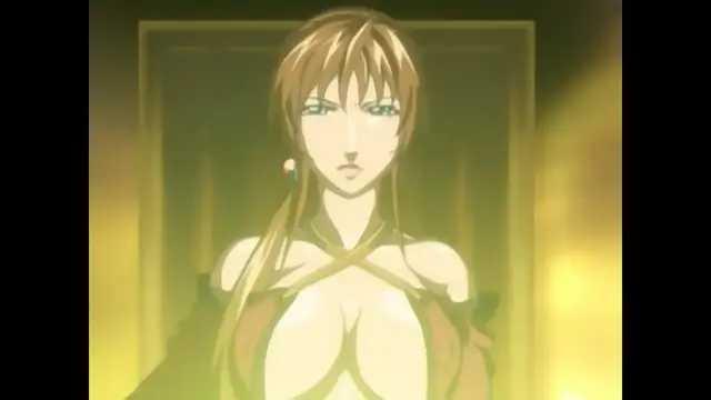 An anime girl with long blonde hair and large breasts wears a gold and red outfit and has a serious expression. Screenshot from Bible Black New Testament - Episode 5