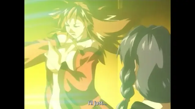 A blonde woman with a surprised expression stands before a dark-haired girl with braided pigtails as the subtitle "I'll just..." appears at the bottom of the frame. Screenshot from Bible Black New Testament - Episode 5
