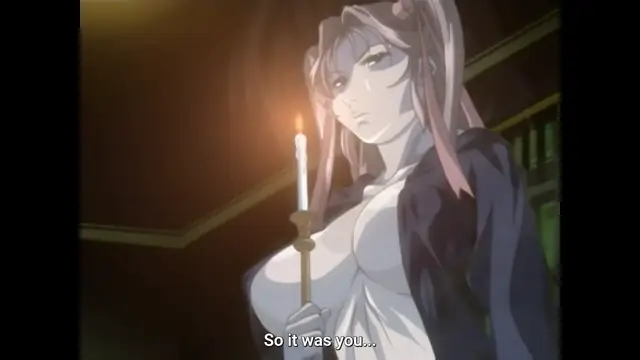 A pale-skinned anime woman with long, flowing hair stands in a dimly lit room holding a lit candle, her expression solemn as she looks toward the viewer with the subtitle "So it was you..." displayed at the bottom. Screenshot from Bible Black New Testament - Episode 5