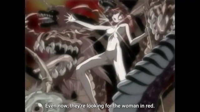 A naked woman with long dark hair is surrounded by multiple large, monstrous creatures in an anime scene featuring the subtitle, "Even now, they're looking for the woman in red.". Screenshot from Bible Black New Testament - Episode 5