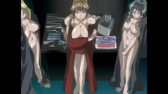 A blonde woman in a red robe stands in the center of a room, flanked by two scantily clad women, while they face a table stacked with clothes and accessories. Screenshot from Bible Black New Testament - Episode 5