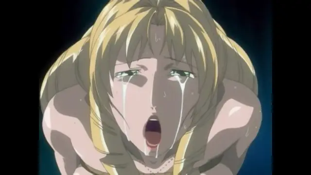 A blonde anime woman with tears streaming down her face looks upwards with her mouth open in a shocked or overwhelmed expression. Screenshot from Bible Black New Testament - Episode 5