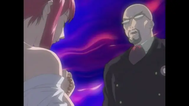 A bald man in a dark uniform with a goatee stares intensely at a woman with red hair who is wrapped in a white cloth, set against a swirling purple and pink background. Screenshot from Bible Black New Testament - Episode 5