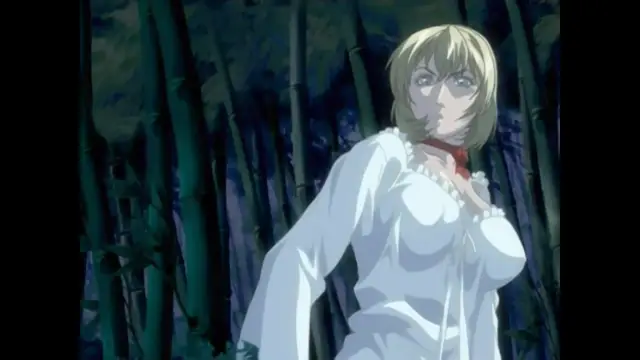 A blonde-haired woman wearing a white ruffled dress stands in a bamboo forest with a worried expression. Screenshot from Bible Black New Testament - Episode 5