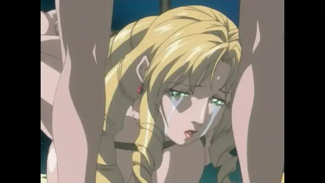 A distressed blonde elf girl with tears streaming down her face is being held from either side by two muscular men while she is being fucked. Screenshot from Bible Black New Testament - Episode 5