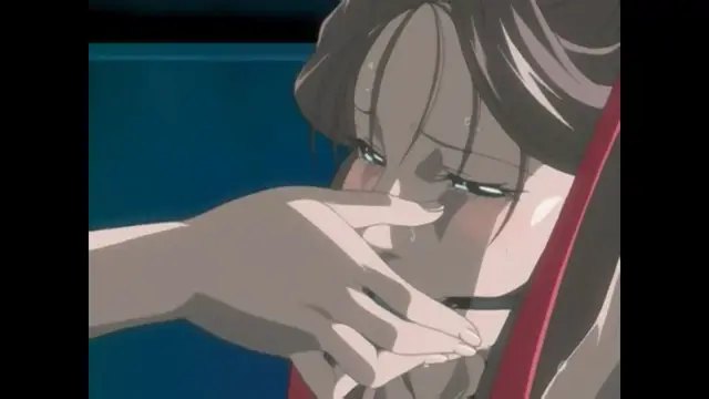 A crying anime girl with flushed cheeks has her mouth covered by a hand in a close-up shot. Screenshot from Bible Black New Testament - Episode 5
