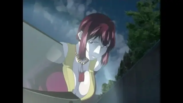 A woman with red hair and a yellow top looks down with a shocked expression while being pressed against a railing under a cloudy sky. Screenshot from Bible Black New Testament - Episode 6