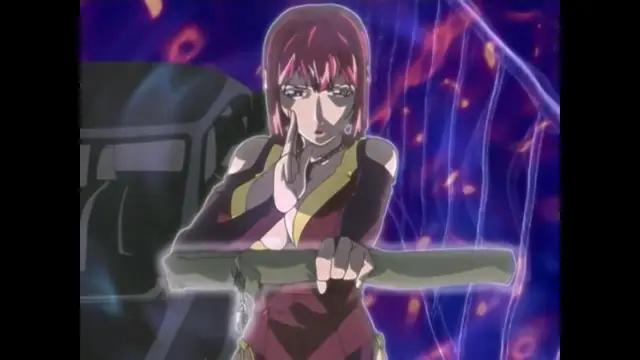 A woman with red hair and a shocked expression grips a glowing green staff in a dark, mystical setting with purple and blue highlights. Screenshot from Bible Black New Testament - Episode 6