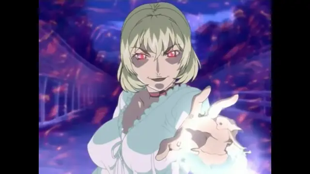 A blonde woman with glowing red eyes and a sinister expression reaches her hand forward, casting a glowing light toward the viewer in a vibrant, purple-lit fantasy setting. Screenshot from Bible Black New Testament - Episode 6