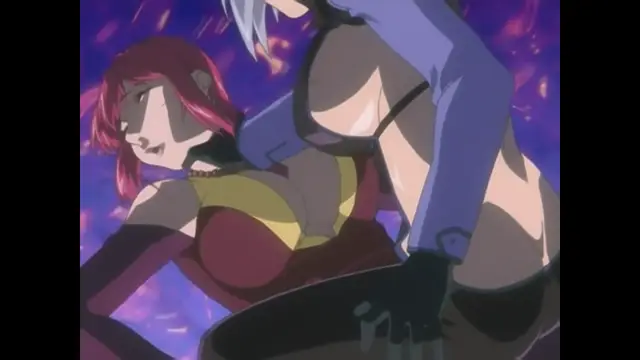 A woman with red hair and a surprised expression is positioned behind another woman with light hair who is wearing a blue outfit and black lingerie, with sparks and fire effects in the background. Screenshot from Bible Black New Testament - Episode 6