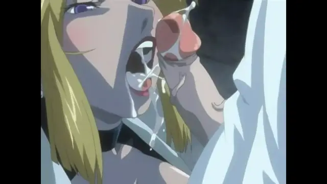 A blonde woman with a choker around her neck has her mouth wide open as she receives a large penis in her mouth with white fluid dripping down her chin. Screenshot from Bible Black New Testament - Episode 6