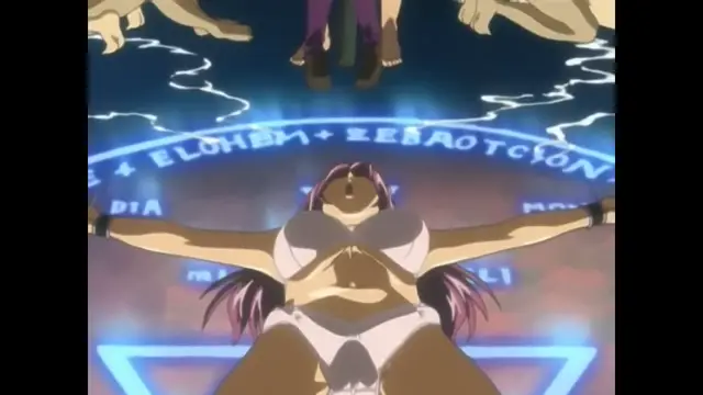 An anime woman with long purple hair is tied to a cross-like structure with her arms outstretched and her chest exposed, while other figures are visible above her in a sci-fi, neon-lit environment featuring glowing text that reads "ELOHEN + ZEBOTSON". Screenshot from Bible Black New Testament - Episode 6