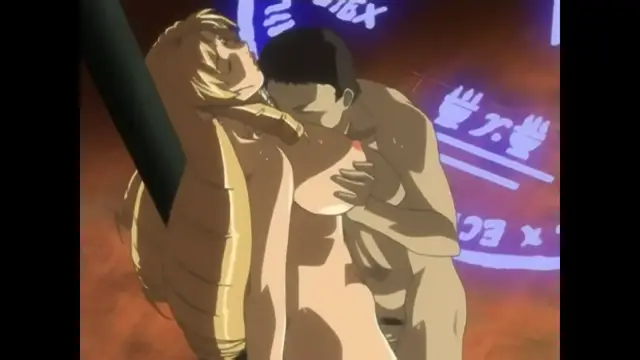 A naked woman with long blonde hair is being embraced and licked by a naked man in an anime setting with purple neon signs in the background. Screenshot from Bible Black New Testament - Episode 6