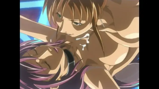A close-up of an anime woman with brown hair and a shocked expression being dominated and held from behind by a man as she looks down at a purple-haired woman. Screenshot from Bible Black New Testament - Episode 6