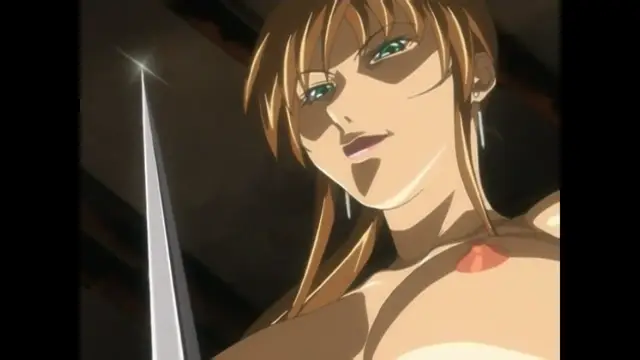 A long-haired, light-skinned woman with green eyes and a seductive expression stands in a dimly lit room next to a gleaming sword. Screenshot from Bible Black New Testament - Episode 6