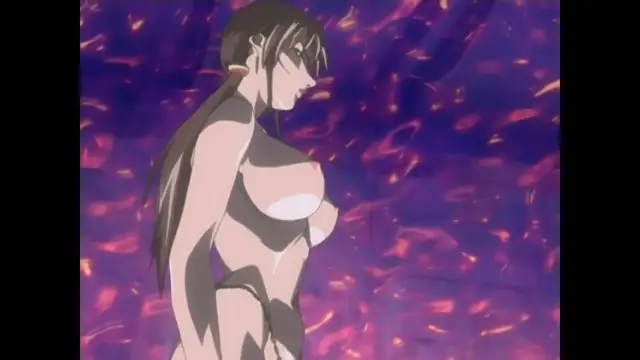 A side profile shot of an anime woman with long black hair and a black bikini standing amidst swirling purple and red flames. Screenshot from Bible Black New Testament - Episode 6