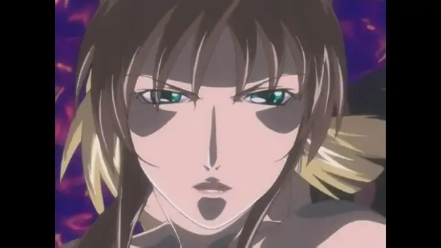 A close-up shot of an anime woman with brown hair and green eyes looking forward with a neutral expression against a dark background with purple light. Screenshot from Bible Black New Testament - Episode 6