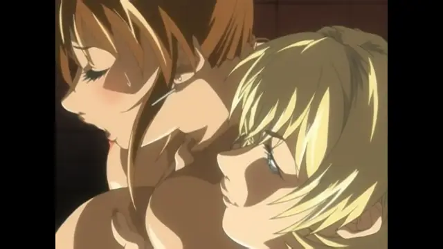 A girl with brown hair and a girl with blonde hair are shown in a close, intimate scene with their mouths pressed against each other's faces in a lesbian kiss. Screenshot from Bible Black New Testament - Episode 6