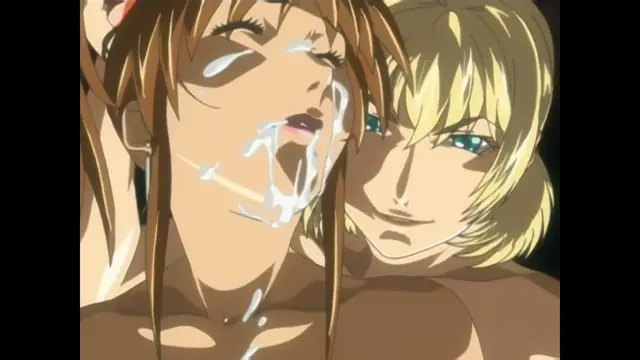 A close-up shot shows a blonde woman with a smug expression looking over the shoulder of a brown-haired woman who is covered in white fluids on her face and chest. Screenshot from Bible Black New Testament - Episode 6