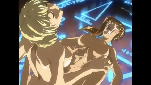 A blonde man and a brunette woman with large breasts are shown in a close, intimate embrace in a futuristic setting with blue neon lights. Screenshot from Bible Black New Testament - Episode 6