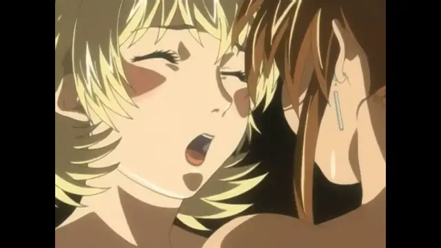 A close-up anime scene shows a blonde woman with blushing cheeks and an open mouth looking up at a brown-haired man as they face each other closely. Screenshot from Bible Black New Testament - Episode 6