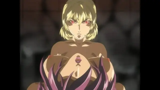 A blonde-haired anime woman with red eyes and large breasts sits in a seated position, wearing a revealing outfit with purple flame-like details and a small gem in the center of her chest. Screenshot from Bible Black New Testament - Episode 6