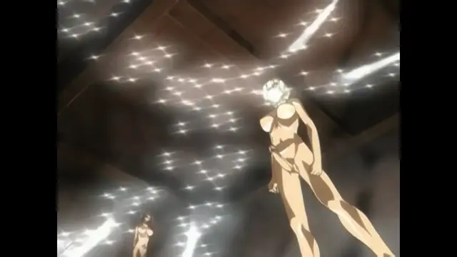A nude anime girl with long white hair stands in a dark room filled with glowing white sparkles while another nude character stands in the distance. Screenshot from Bible Black New Testament - Episode 6