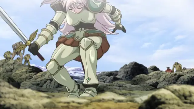 A female knight in white armor with long pink hair stands in a rocky landscape holding a sword, while several small creatures are scattered in the background. Screenshot from Ikusa Otome Suvia - Episode 1