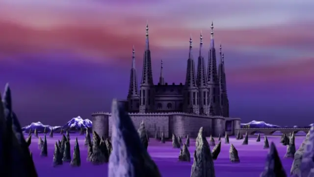 A large, gothic-style castle with tall spires sits on a purple island amidst a sea of purple water under a pink and purple sky. Screenshot from Ikusa Otome Suvia - Episode 1