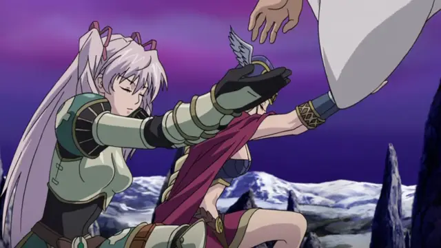 A silver-haired woman in knightly armor reaches out to support a kneeling woman in a red cape and gold helmet as they both hold onto the leg of a large, muscular man standing before them. Screenshot from Ikusa Otome Suvia - Episode 1