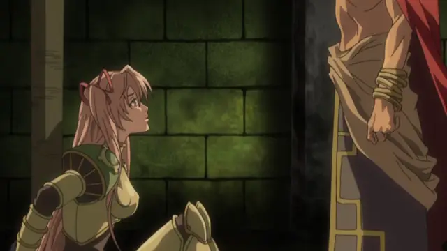 A tall, muscular male character with a red cape stands before a kneeling anime woman with pink hair and pointed ears in a dimly lit stone room. Screenshot from Ikusa Otome Suvia - Episode 1