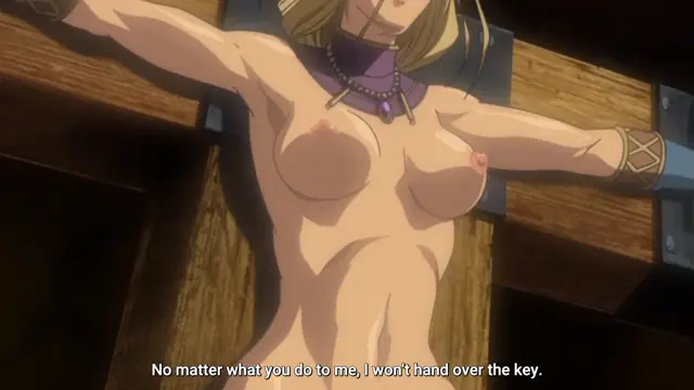 A blonde woman is bound to a wooden cross and stripped naked, with a subtitle at the bottom reading, "No matter what you do to me, I won't hand over the key.". Screenshot from Ikusa Otome Suvia - Episode 1