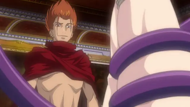 A muscular man with spiky orange hair wearing a red cape stands before a woman whose breasts are bound in large purple rings. Screenshot from Ikusa Otome Suvia - Episode 1