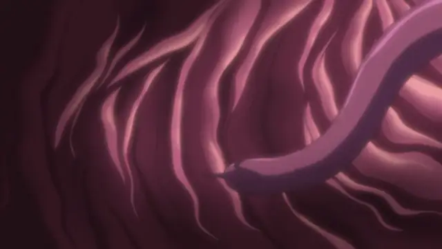 A close-up shot showing a pink, worm-like tentacle moving inside a fleshy, reddish interior. Screenshot from Ikusa Otome Suvia - Episode 2