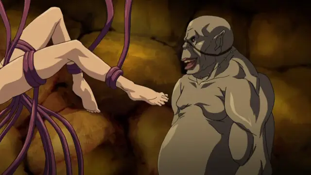 In a dungeon-like setting with stone walls, a naked woman is tied up with purple ropes while a muscular, gray-skinned ogre with a necklace stares at her. Screenshot from Ikusa Otome Suvia - Episode 2